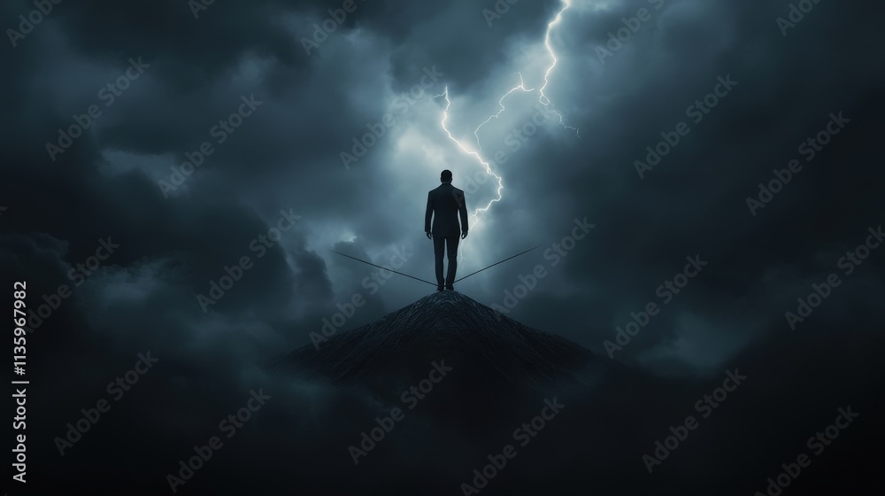 A solitary figure stands on a mountain against a stormy sky, illuminated by lightning, evoking a sense of mystery and introspection.