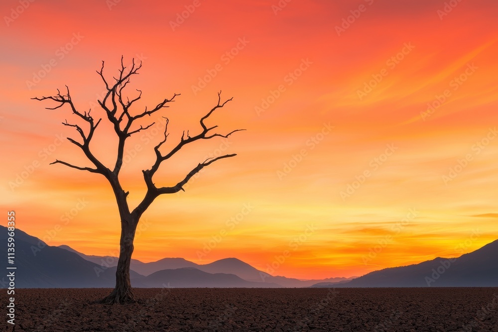 A solitary, bare tree stands against a vibrant sunset, casting shadows over a desolate landscape with mountains in the background. A solitary, bare tree stands against a vibrant sunset, casting shadows over a desolate landscape with mountains in the background.
