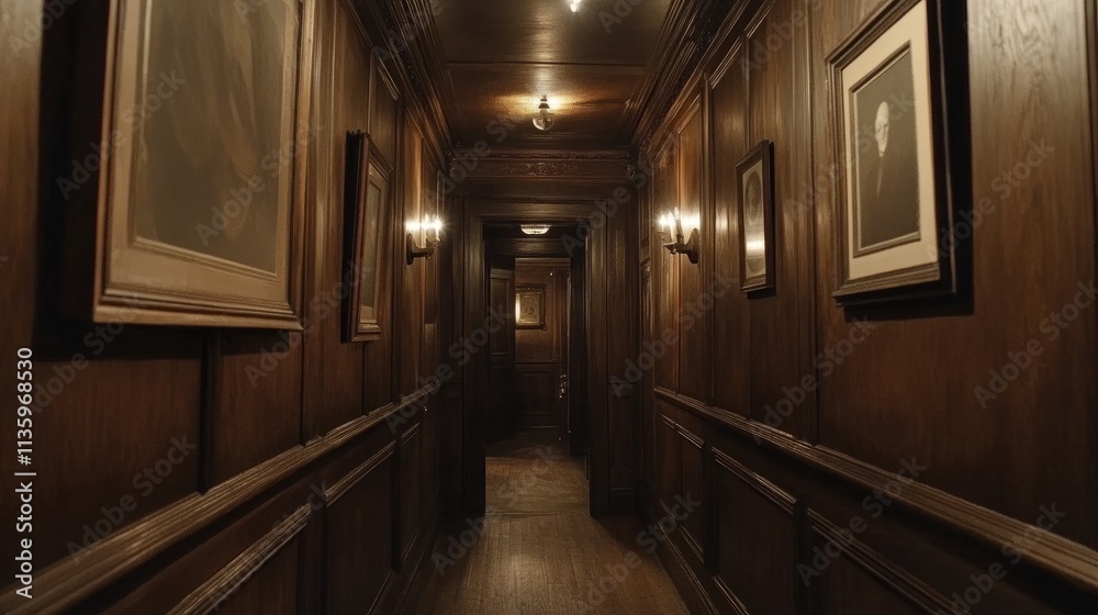 A beautifully crafted hallway with traditional wooden paneling, vintage frames, and soft lighting adding warmth and an old-world charm. A beautifully crafted hallway with traditional wooden paneling, vintage frames, and soft lighting adding warmth and an old-world charm.