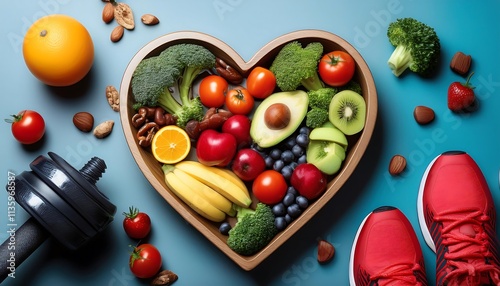 a heart-shaped bowl with fruits and veggies, surrounded by fitness gear, symbolizing healthy living.