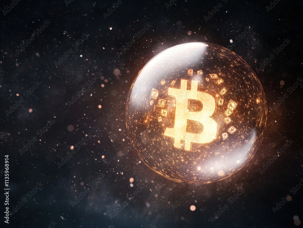 A glowing Bitcoin logo encapsulated in a cosmic bubble, symbolizing digital currency innovation and the expansive nature of cryptocurrency. A glowing Bitcoin logo encapsulated in a cosmic bubble, symbolizing digital currency innovation and the expansive nature of cryptocurrency.