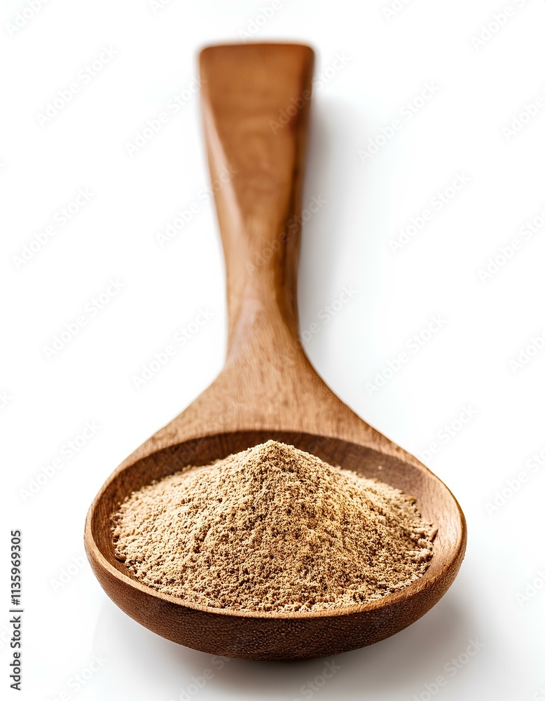wooden spoon with spices on white background