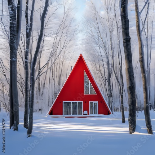 Red triangular house amidst icy trees in Quebec winter. photo