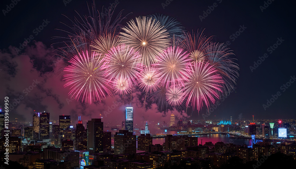 Dazzling New Year's Eve fireworks over bustling cityscape. Dazzling New Year's Eve fireworks over bustling cityscape.