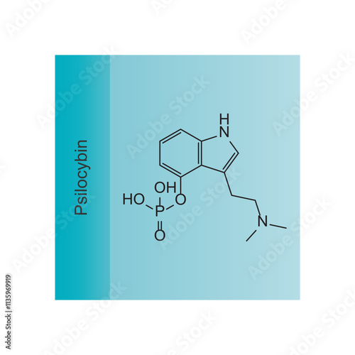 Psilocybin skeletal structure diagram.psychedelic compound molecule scientific illustration.