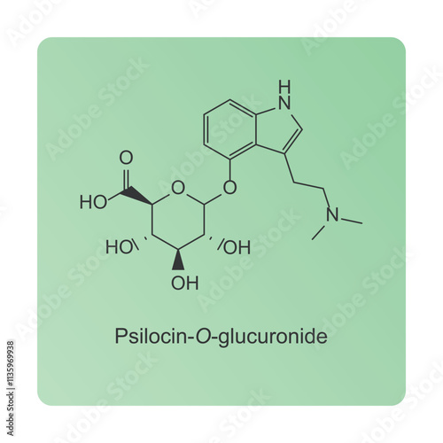 Psilocin-O-glucuronide skeletal structure diagram.psychedelic compound molecule scientific illustration.