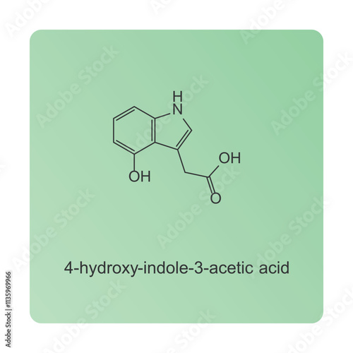 4-hydroxy-indole-3-acetic acid skeletal structure diagram.psychedelic compound molecule scientific illustration.