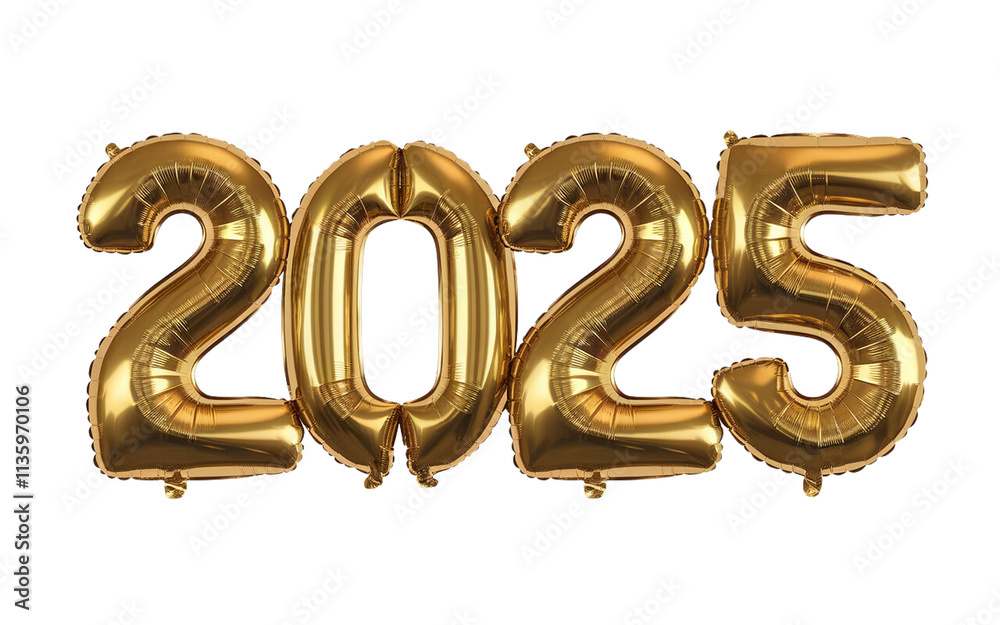 An illustration of golden foil balloons shaped as the number 2025, floating against a white background with small strings attached to each balloon. Perfect for New Year celebrations and festive design An illustration of golden foil balloons shaped as the number 2025, floating against a white background with small strings attached to each balloon. Perfect for New Year celebrations and festive design