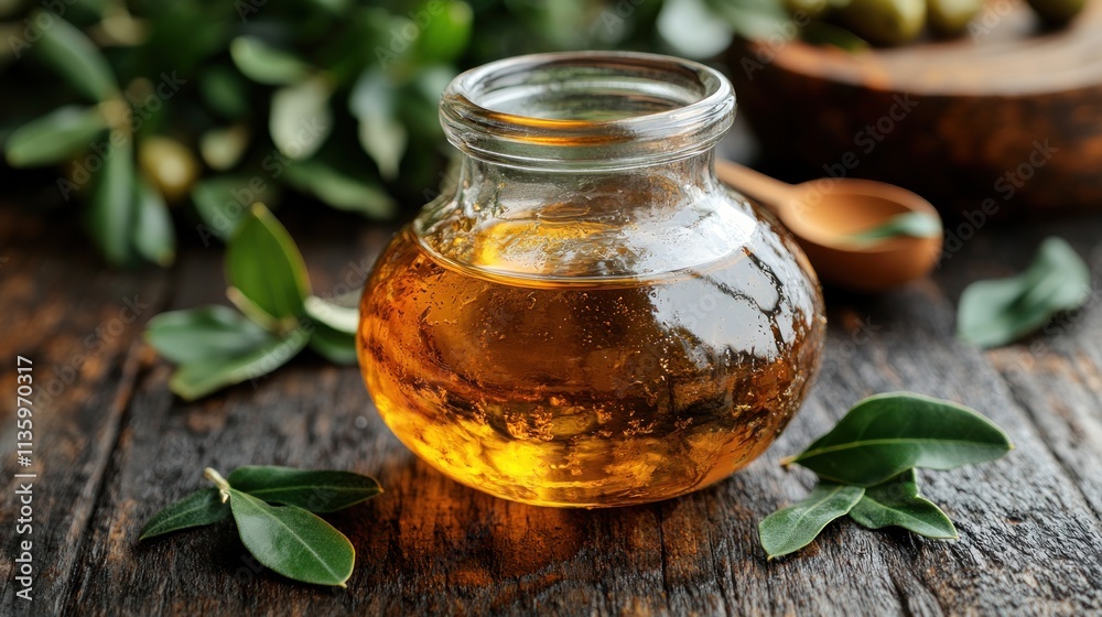 Olive oil in a glass jar on a wooden table with olive leaves. Olive oil in a glass jar on a wooden table with olive leaves.
