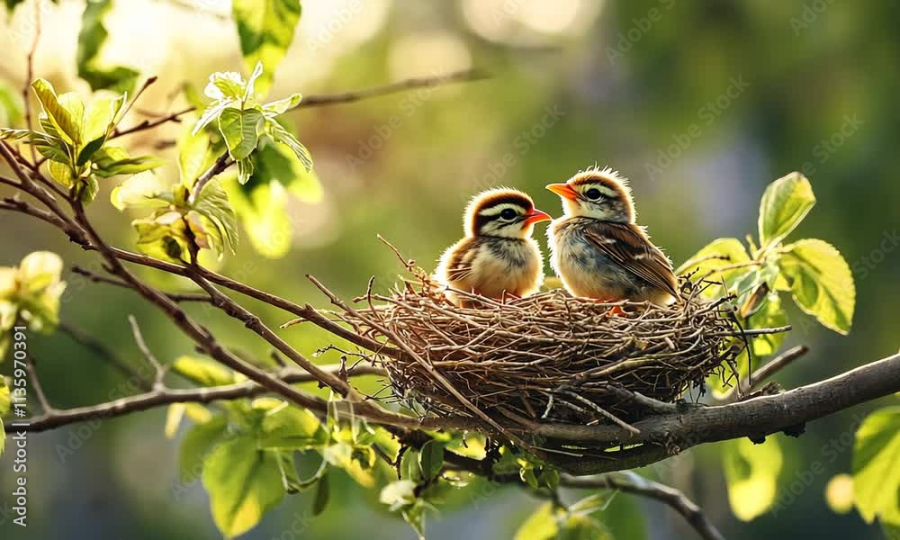 Two baby birds nestled in a spring tree, bathed in sunlight.