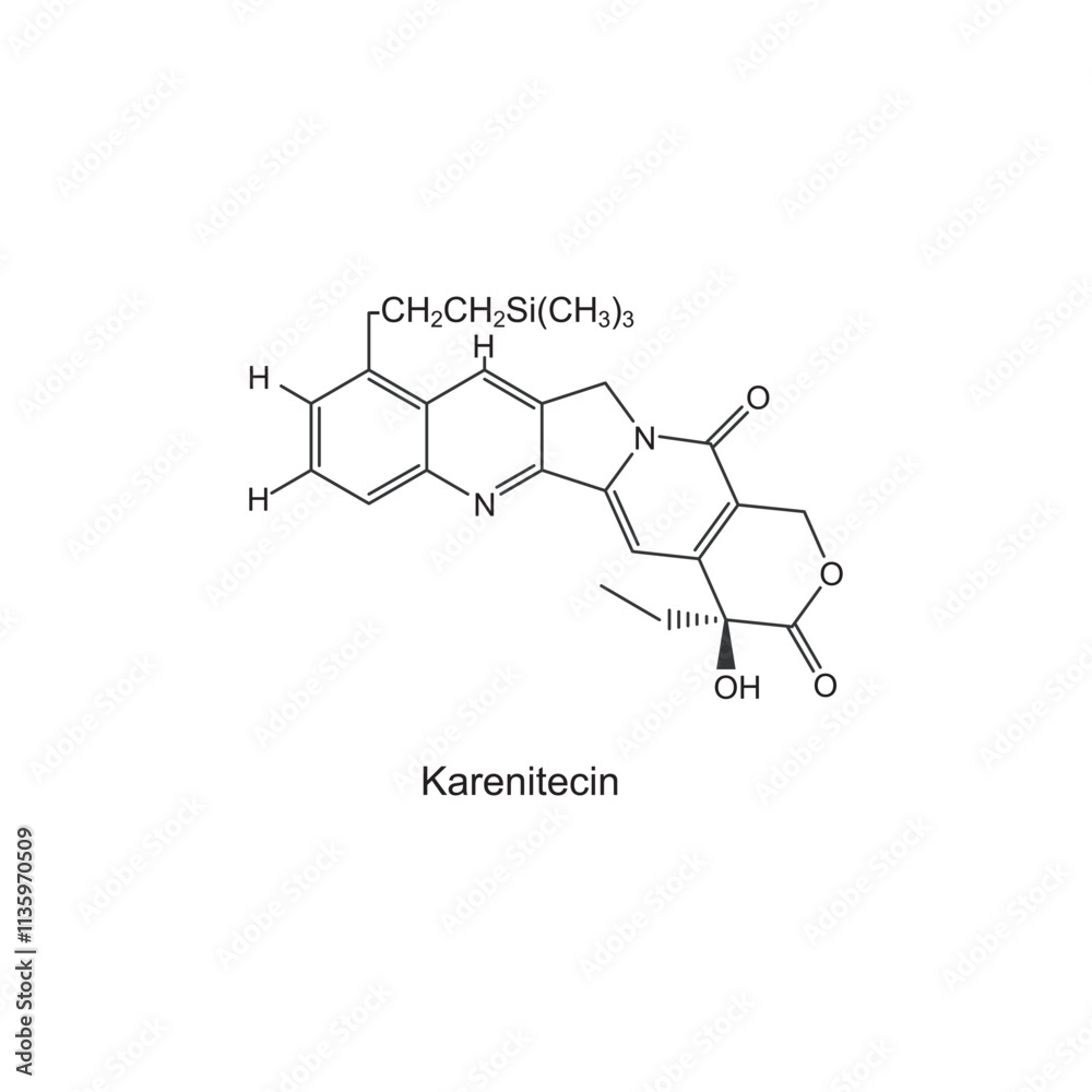 Karenitecin skeletal structure diagram.Plant alkaloid compound molecule scientific illustration. Karenitecin skeletal structure diagram.Plant alkaloid compound molecule scientific illustration.