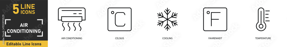 Air Conditioning line icon set. Set of 5 outline icons related to air conditioning, celsius, cooling, fahrenheit, temperature and more. Vector illustration. Air Conditioning line icon set. Set of 5 outline icons related to air conditioning, celsius, cooling, fahrenheit, temperature and more. Vector illustration.
