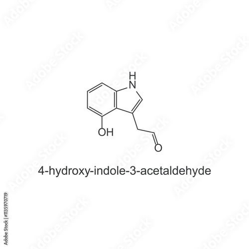 4-hydroxy-indole-3-acetaldehyde skeletal structure diagram.psychedelic compound molecule scientific illustration.