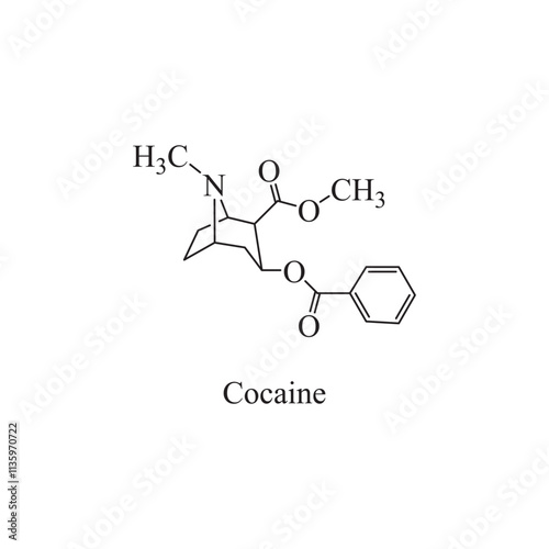 Cocaine skeletal structure diagram.stimulant compound molecule scientific illustration.