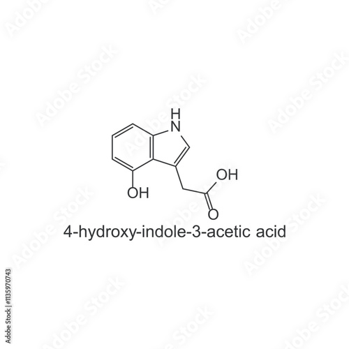 4-hydroxy-indole-3-acetic acid skeletal structure diagram.psychedelic compound molecule scientific illustration.