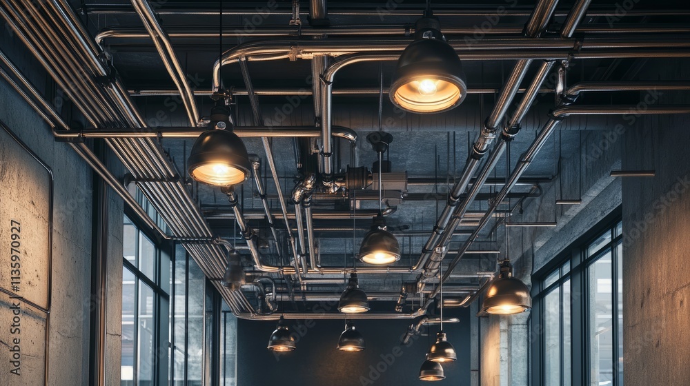 Obraz premium Artistic industrial ceiling design showcasing electrical wiring conduits, elegant junction boxes, sleek plumbing lines, and avant-garde exhibition lamps.