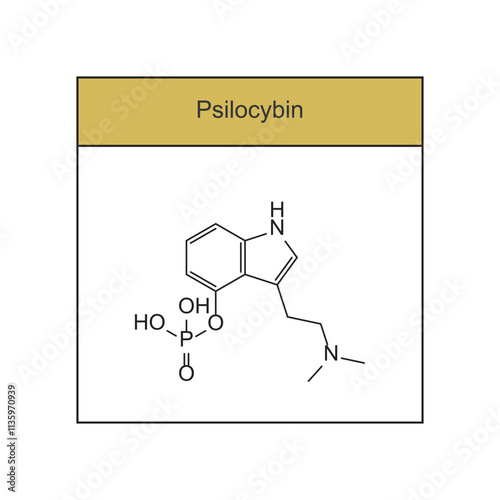 Psilocybin skeletal structure diagram.psychedelic compound molecule scientific illustration.