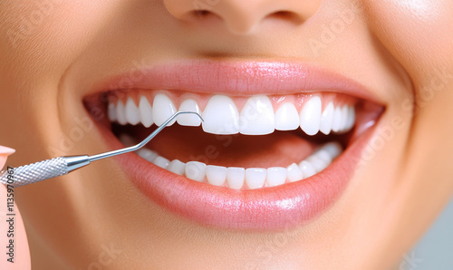 A beautiful woman smiles while the dentist carefully cleans her teeth with tools photo