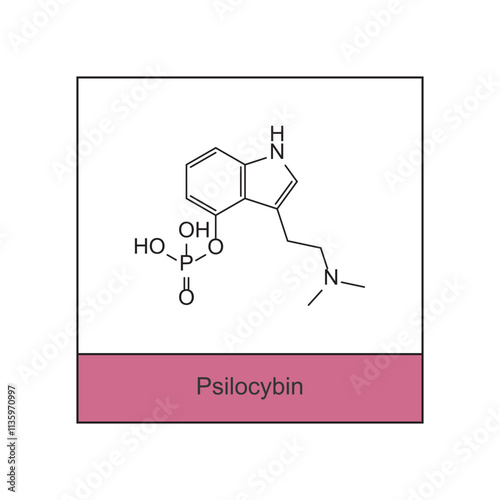 Psilocybin skeletal structure diagram.psychedelic compound molecule scientific illustration.