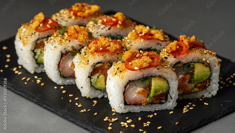 Delicious Spicy Tuna Sushi Rolls with Avocado and Tobiko Delicious Spicy Tuna Sushi Rolls with Avocado and Tobiko