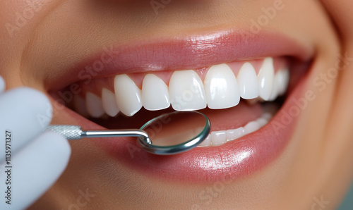 A beautiful woman smiles while the dentist carefully cleans her teeth with tools photo