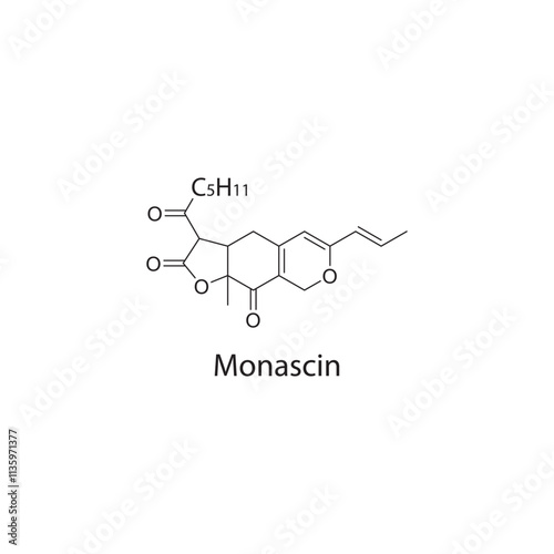 Monascin skeletal structure diagram.pigment compound molecule scientific illustration.