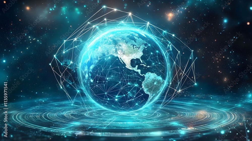 Obraz premium Mobile global internet communications. World wide web on phone via wireless satellite network technology. Smartphone digital connection at clouds services of all earth. Holographic abstract interface