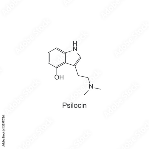Psilocin skeletal structure diagram.psychedelic compound molecule scientific illustration.