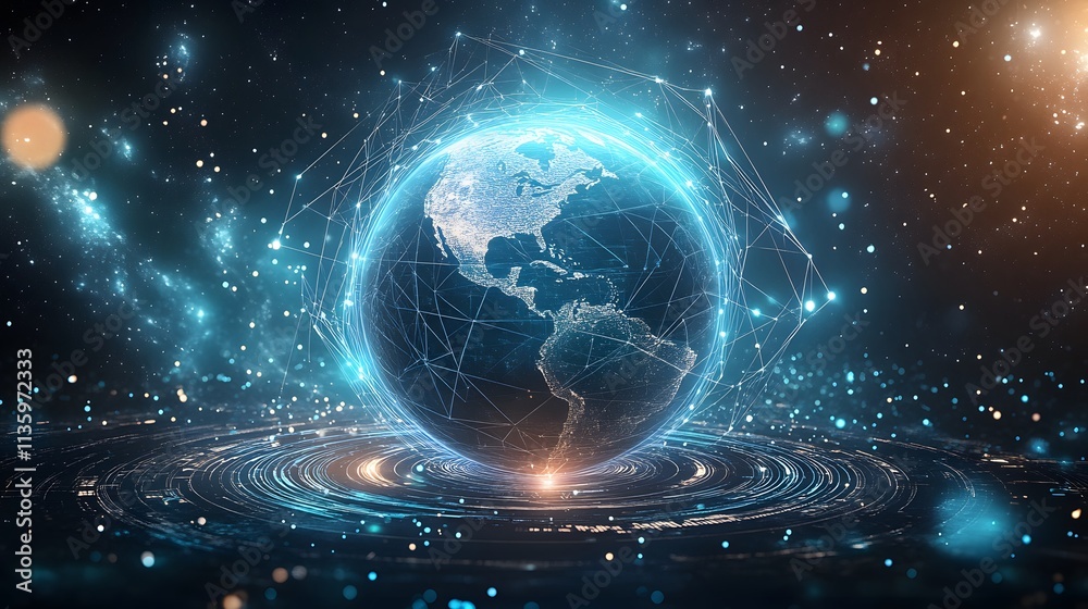 Obraz premium Mobile global internet communications. World wide web on phone via wireless satellite network technology. Smartphone digital connection at clouds services of all earth. Holographic abstract interface
