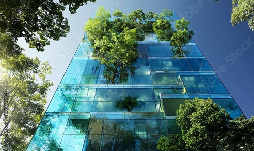 Eco-Friendly Modern Glass Building with Integrated Trees photo