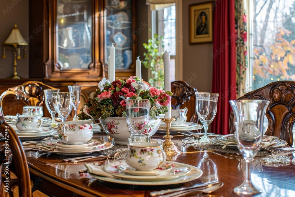 Elegant Dining Room Table Setting With China and Silverware, A dining room set with elegant china and silverware, ready for a special family occasion Elegant Dining Room Table Setting With China and Silverware, A dining room set with elegant china and silverware, ready for a special family occasion