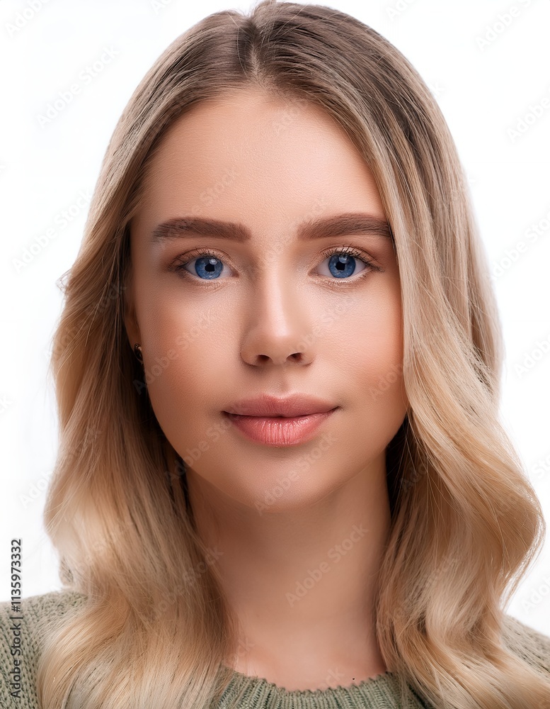 Close-up portrait of a young woman with long blonde hair and stunning blue eyes. The image exudes beauty and elegance. Close-up portrait of a young woman with long blonde hair and stunning blue eyes. The image exudes beauty and elegance.