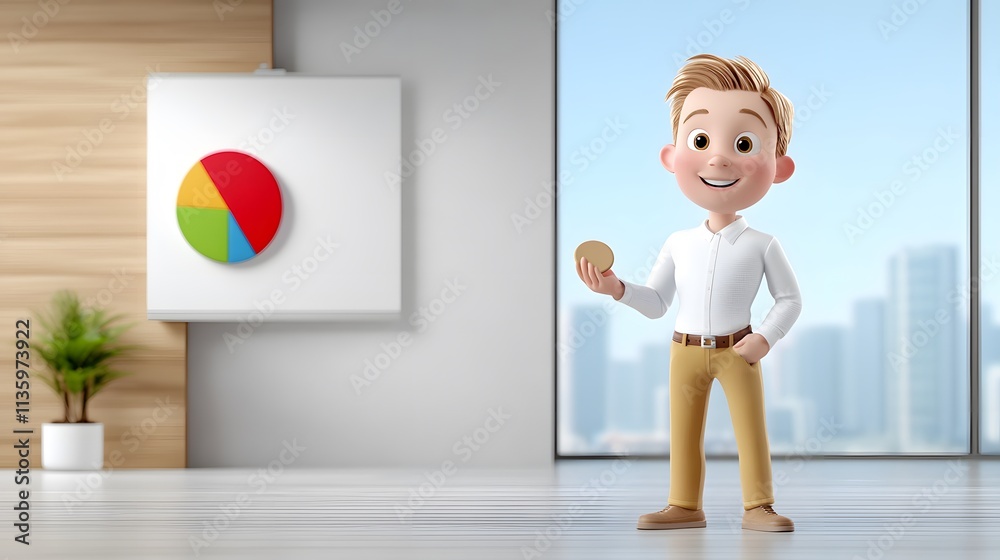Cheerful Animated Character Holding a Cookie in a Modern Office Setting with a Colorful Logo Display Bright and Engaging Atmosphere Cheerful Animated Character Holding a Cookie in a Modern Office Setting with a Colorful Logo Display Bright and Engaging Atmosphere