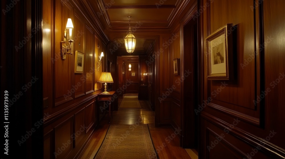 Inviting old-fashioned hallway with smooth wood-paneled walls, classic furnishings, and soft golden lighting that enhances the timeless appeal. Inviting old-fashioned hallway with smooth wood-paneled walls, classic furnishings, and soft golden lighting that enhances the timeless appeal.