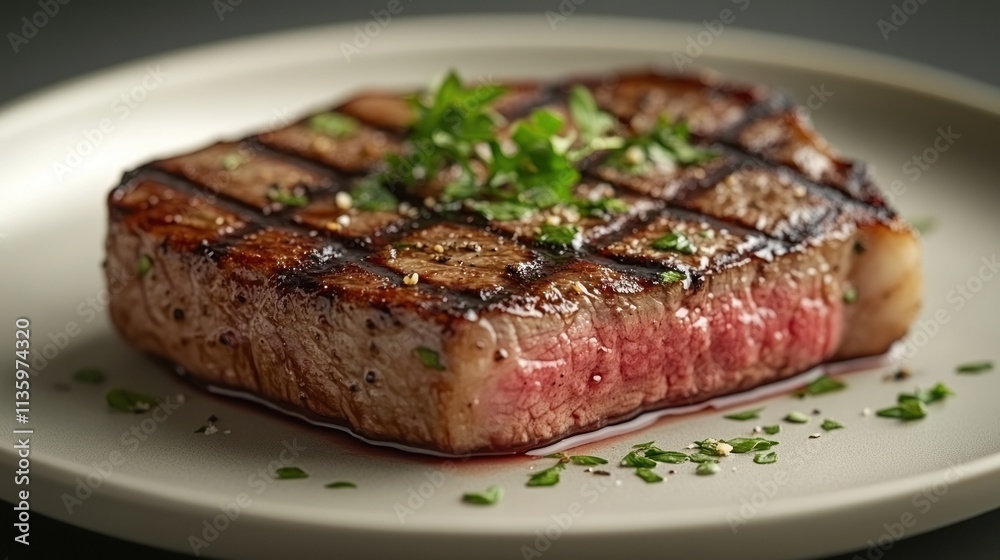 Perfectly grilled steak on a plate, with a hint of pink in the center, seasoned with herbs and spices. Perfectly grilled steak on a plate, with a hint of pink in the center, seasoned with herbs and spices.