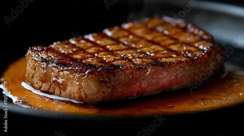 Perfectly seared steak in a hot pan.