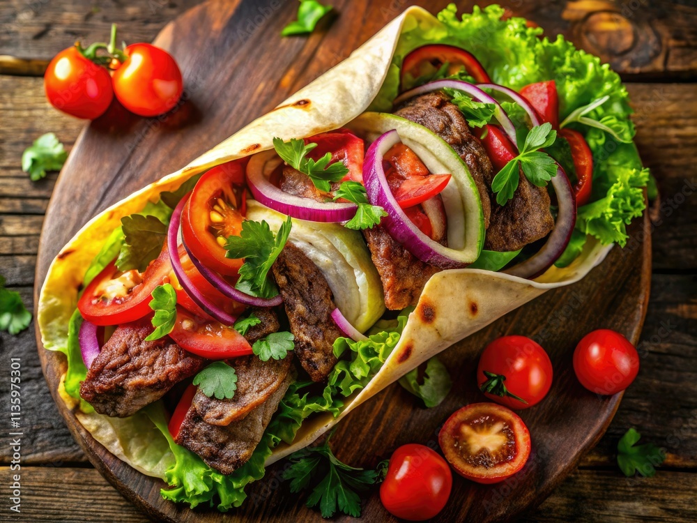 A delicious beef shawarma wrap, captured from above, inviting and appetizing. A delicious beef shawarma wrap, captured from above, inviting and appetizing.