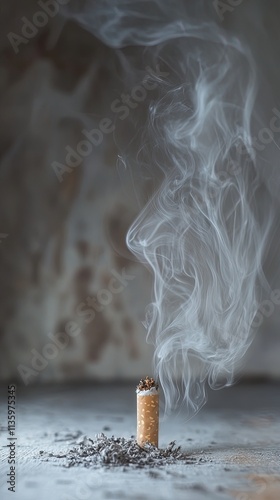 Burning cigarette, smoke billowing. photo