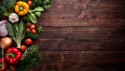 An arrangement of various vegetables and herbs on a wooden surface, with a significant blank space.