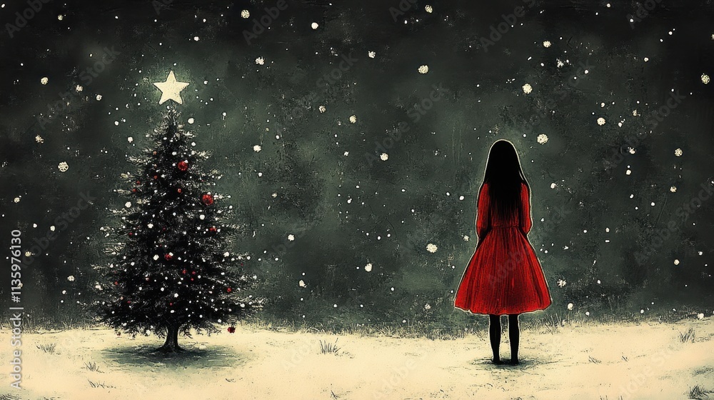 Girl in red dress standing by Christmas tree Girl in red dress standing by Christmas tree