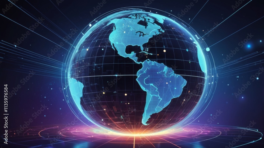Obraz premium A conceptual representation of the potential of the internet, featuring a glowing globe made up of interconnected digital lines, symbols, and icons representing various aspects of the online world. Th