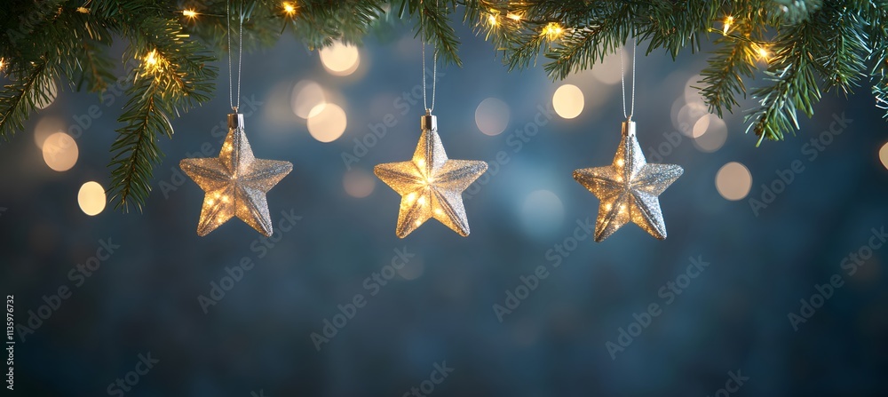 Christmas Lights - Stars String Hanging At Fir Branches In Abstract Defocused Background Christmas Lights - Stars String Hanging At Fir Branches In Abstract Defocused Background