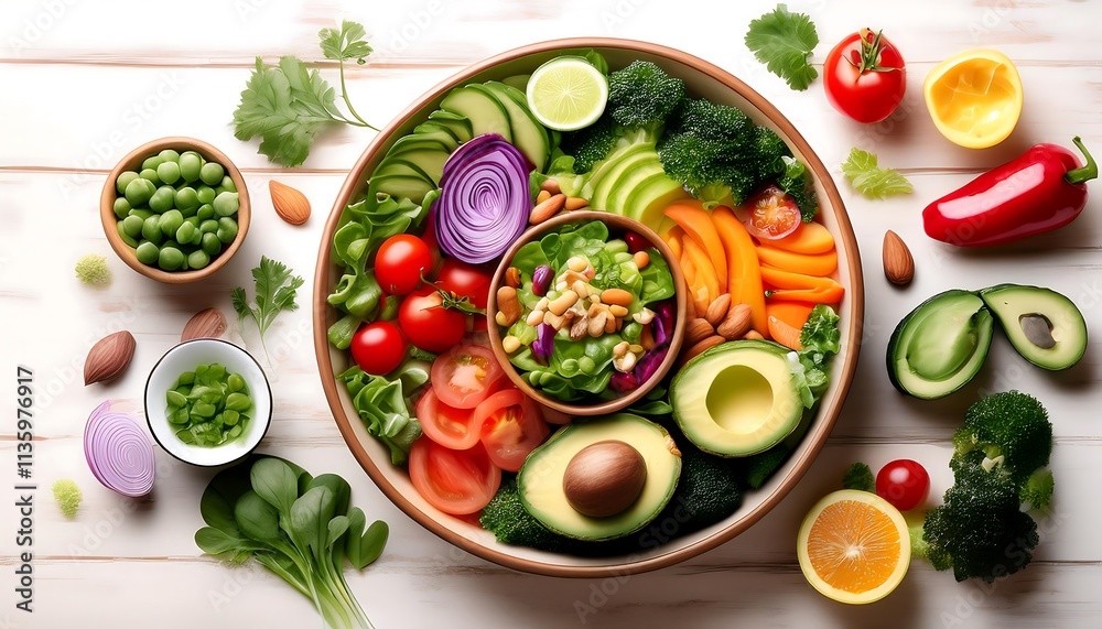 An overhead view of a colorful and diverse salad bowl alongside other fresh vegetables and herbs An overhead view of a colorful and diverse salad bowl alongside other fresh vegetables and herbs