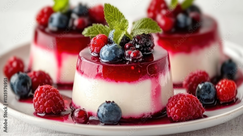 A dessert featuring panna cotta topped with mixed berries and mint leaves. A dessert featuring panna cotta topped with mixed berries and mint leaves.