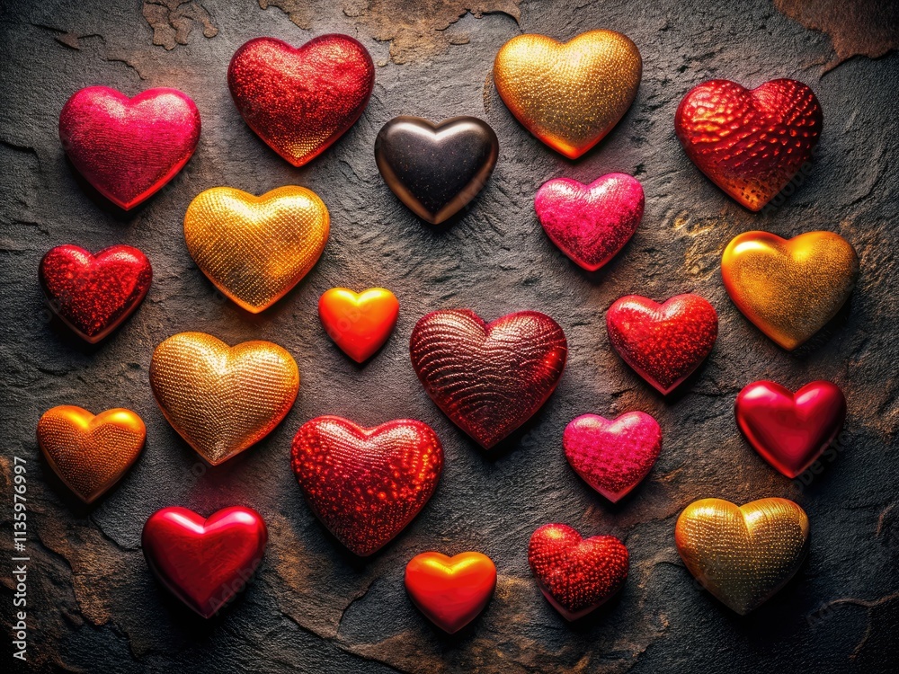 Fototapeta premium Celebrate Valentine's Day with this dark, romantic card featuring textured black hearts.