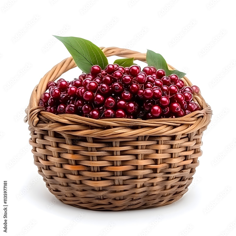Freshly Gathered Red Berries in a Rustic Woven Basket with Green Leaves on White Background Freshly Gathered Red Berries in a Rustic Woven Basket with Green Leaves on White Background