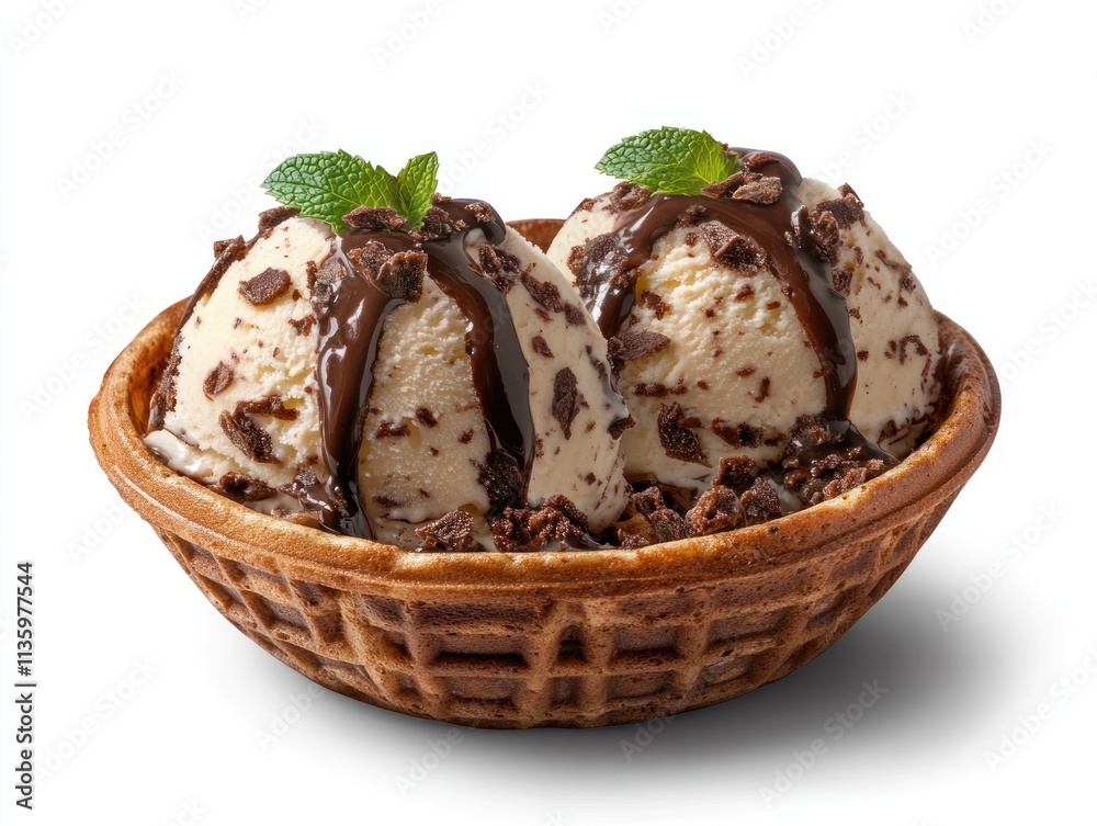 A delicious dessert featuring two scoops of ice cream in a waffle bowl, topped with chocolate and mint. A delicious dessert featuring two scoops of ice cream in a waffle bowl, topped with chocolate and mint.