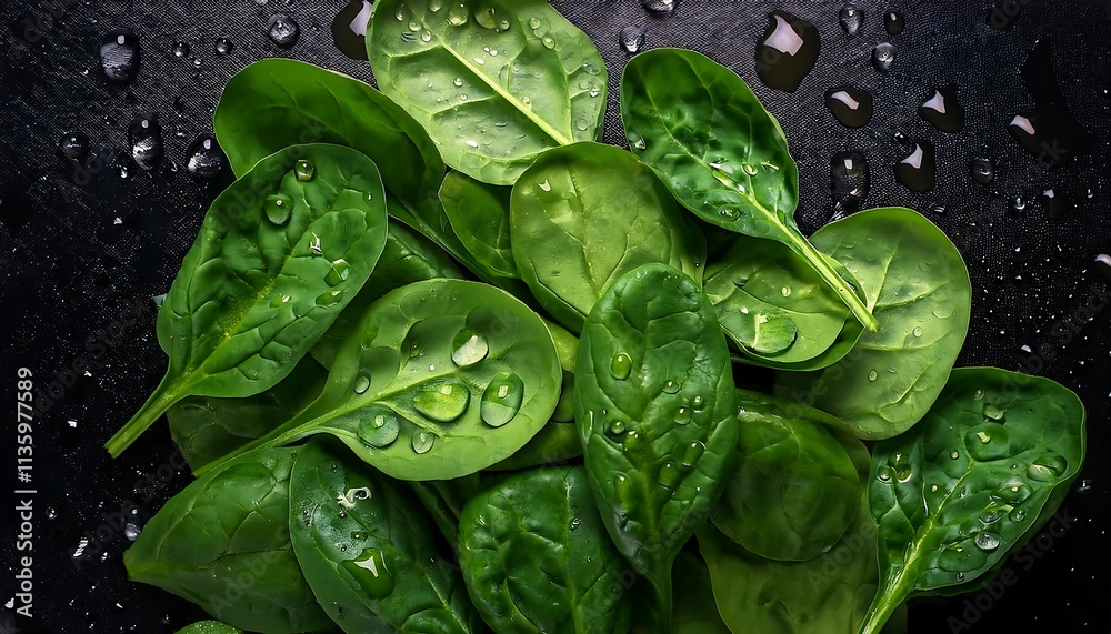 Fresh, vibrant green spinach leaves with water droplets, showcasing healthy and organic produce. Fresh, vibrant green spinach leaves with water droplets, showcasing healthy and organic produce.