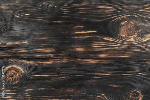 Charred blackened wood texture with rough patterns showcasing natural grain and knots photo