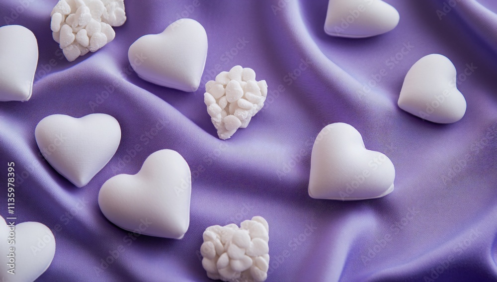 Obraz premium Romantic Purple Fabric with White Hearts and Candy